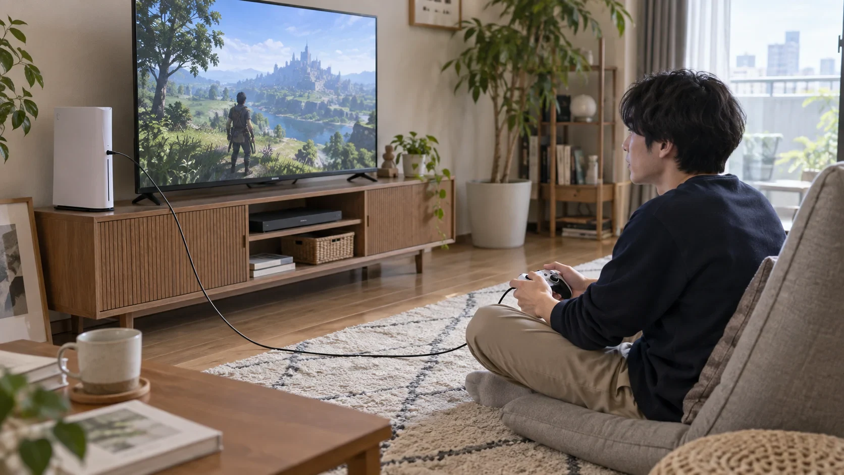 テレビ台のゲーム機から座る場所へ伸びるケーブルと、片付けた床のあるリビング