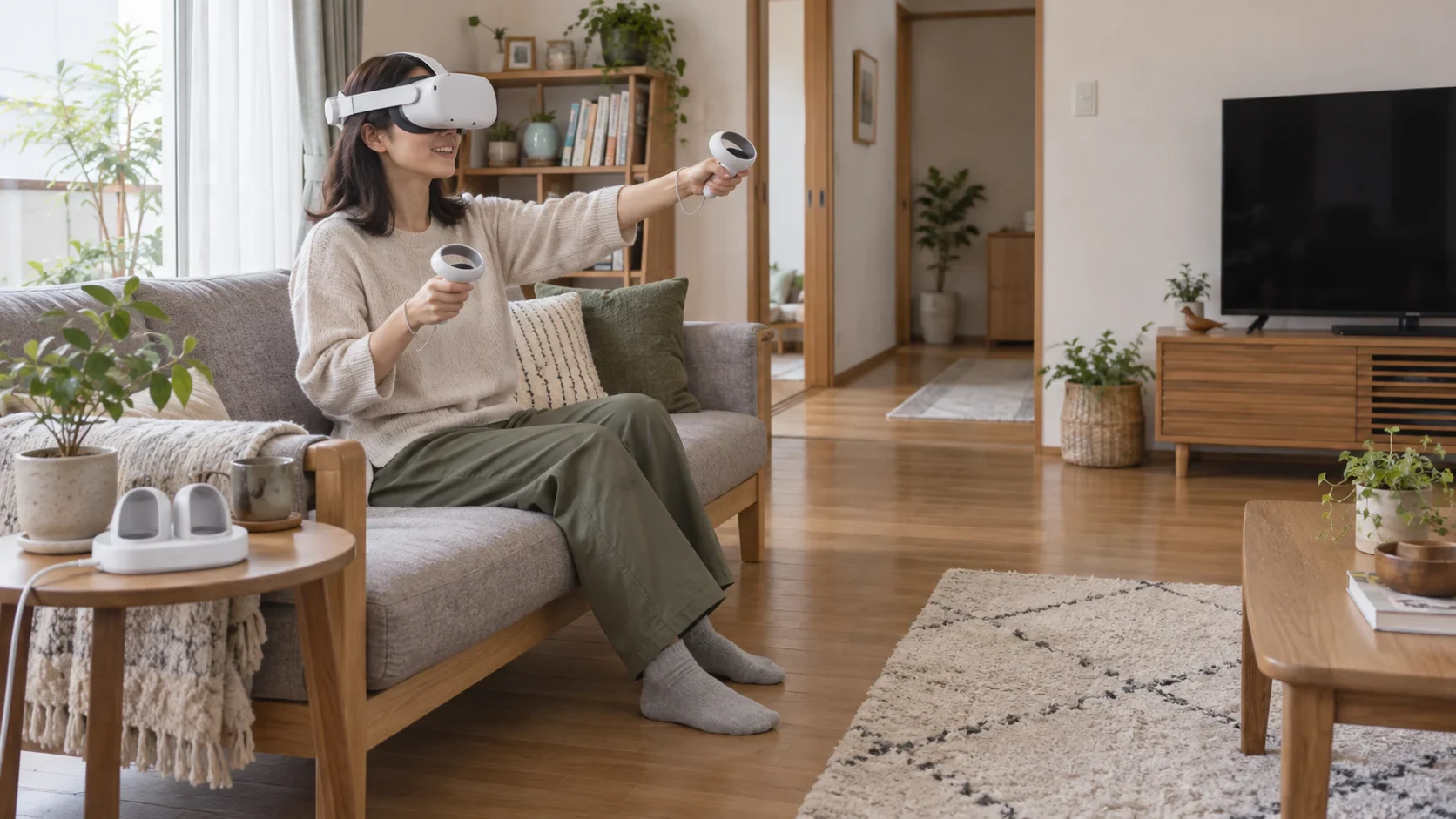 テレビから離れたソファで一人用VRを使い、横の台で本体を充電する生活場面